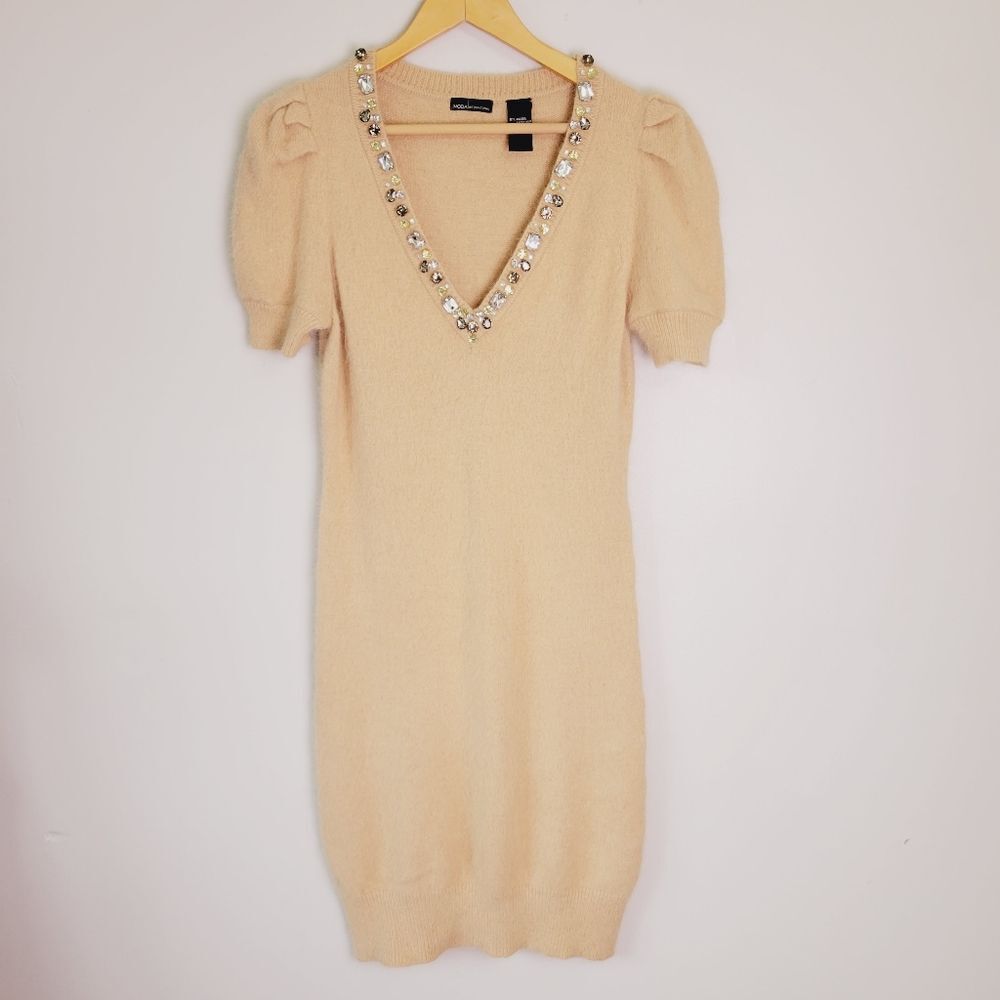 Moda International Angora Rabbit Hair Tan Jeweled Puff Short Sleeve Dress Large